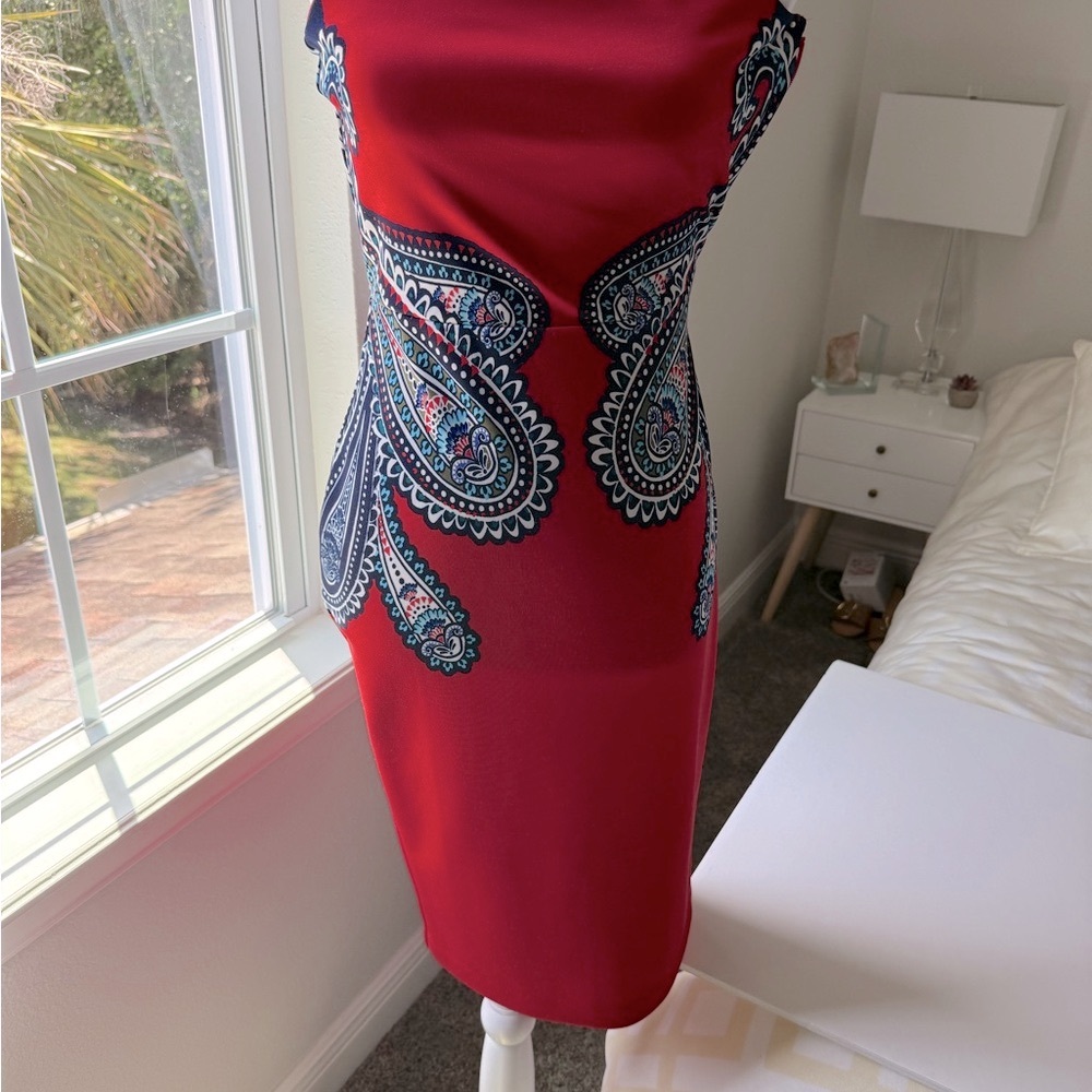 Express Red Sheath Paisley Strapless Dress